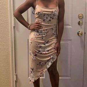 Tan floral dress with slit into ruching